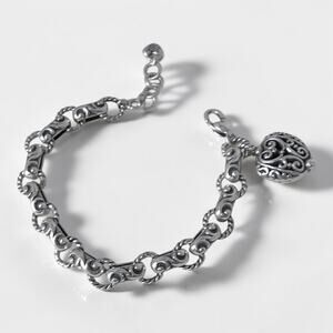 Brighton Bibi Heart Bracelet Silver Plated Filigree Charm Balinese 7-8"